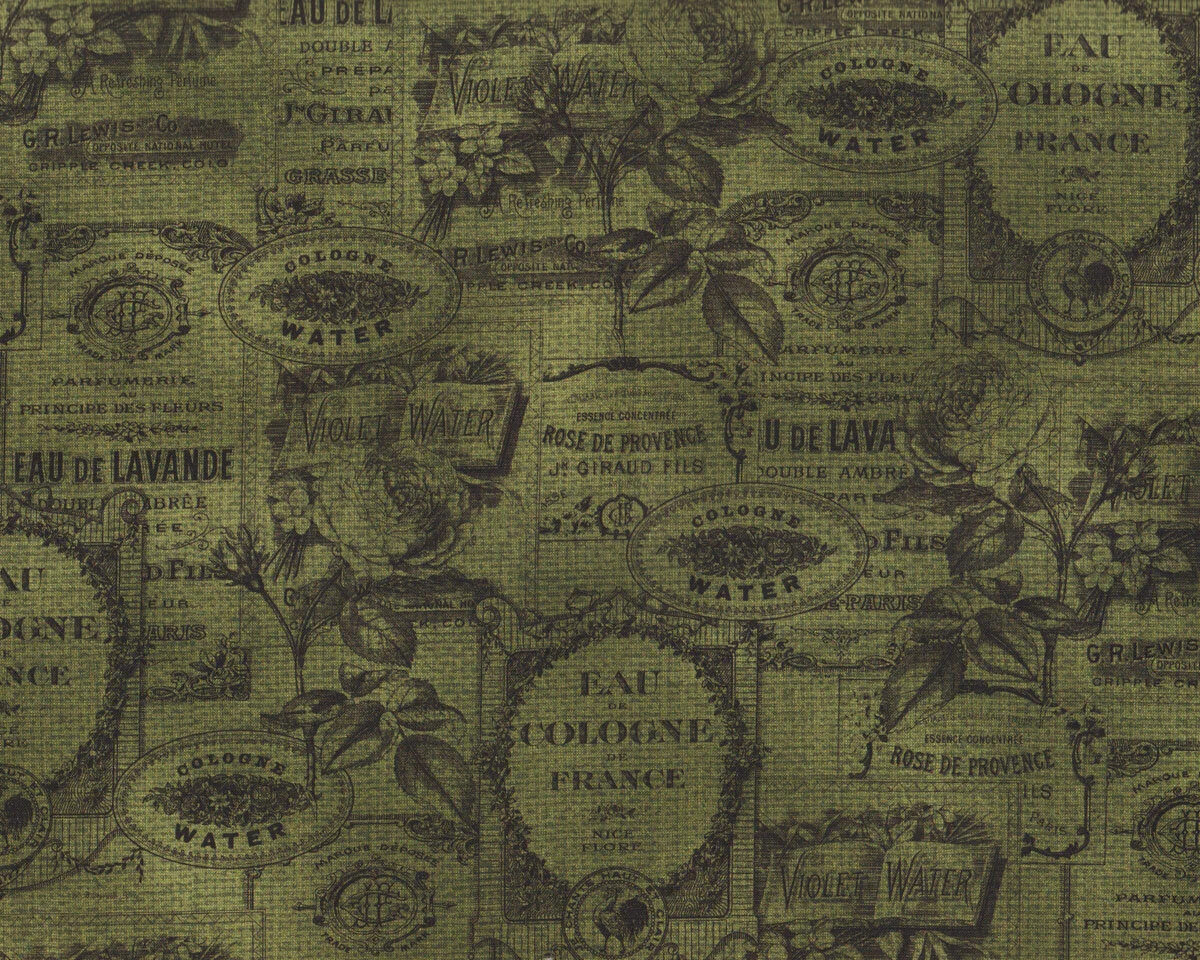 Patchworkstoff FRAGRANT ROSES, Parfüm-Label, olivgrün, Michael Miller