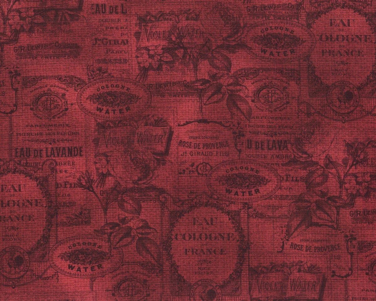 Patchworkstoff FRAGRANT ROSES, Parfüm-Label, weinrot, Michael Miller