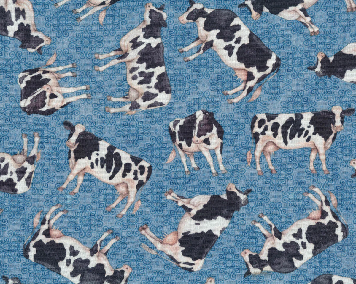 Patchworkstoff GREENER PASTURES, Milchkühe, blau, QT fabrics