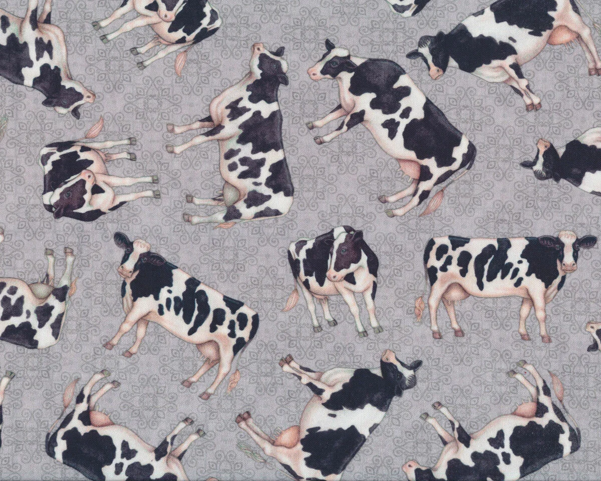 Patchworkstoff GREENER PASTURES, Milchkühe, grau, QT fabrics