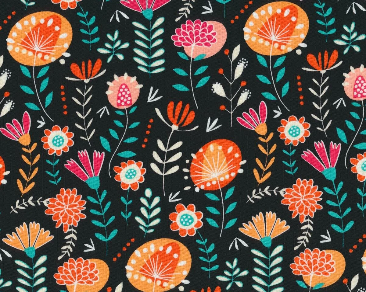 Patchworkstoff GYPSY LANE, Comic-Blumen, schwarz-orange