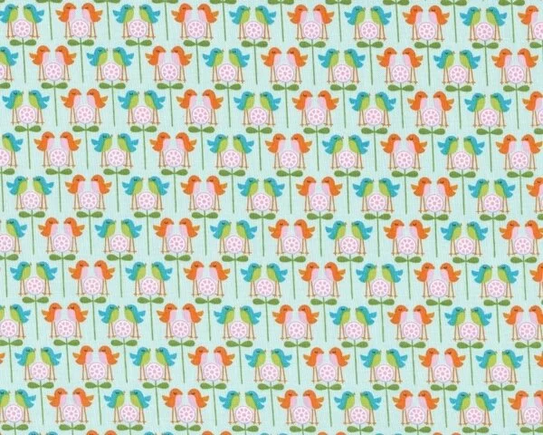 Patchworkstoff "Happier" mit gespiegelten Vögelchen und Blume, helles mintgrün-orange-türkis