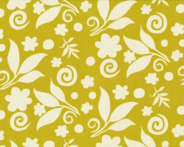 Patchworkstoff "Happy Go Lucky" mit Blumen-Blätter-Stempeln, limette