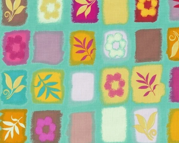 Patchworkstoff "Happy Go Lucky" Stempelfelder mit Blätter und Blüten, türkis