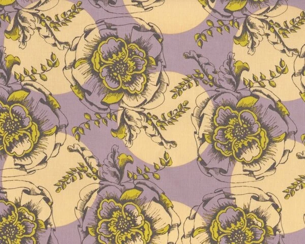 Patchworkstoff "Haven's Edge" mit gefüllten Mohnblüten, lavendel-beige