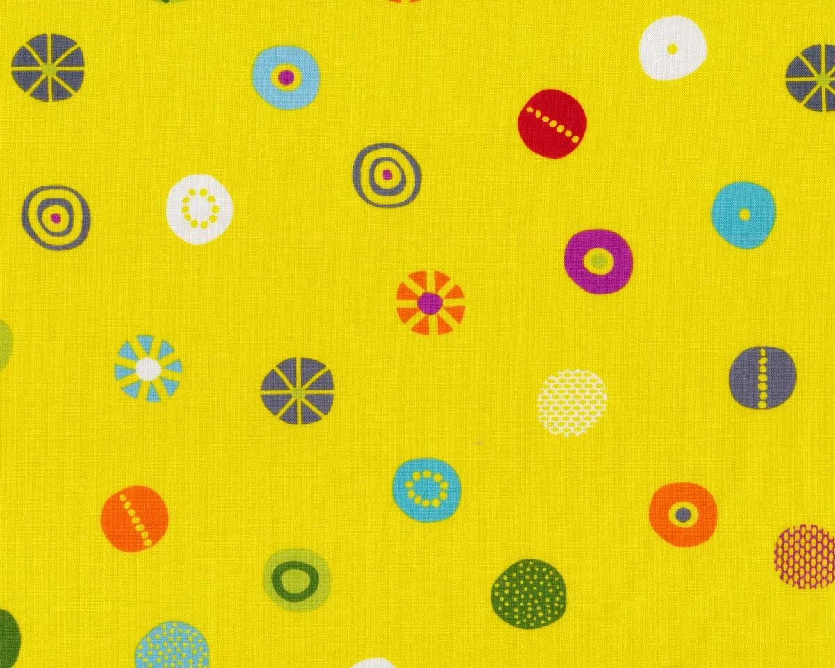 Patchworkstoff HEY DOT, Musterkreise, gelb-steingrau, Moda Fabrics