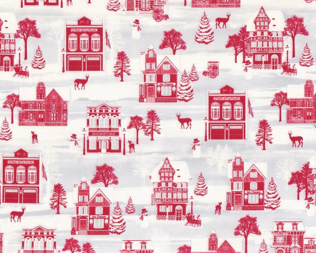 Patchworkstoff HOLIDAY LANE, Häuser und Rehe, rot, Henry Glass
