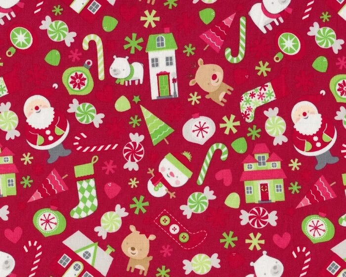 Patchworkstoff HOME FOR THE HOLIDAYS, Weihnachtsmann und Candies, dunkelrot