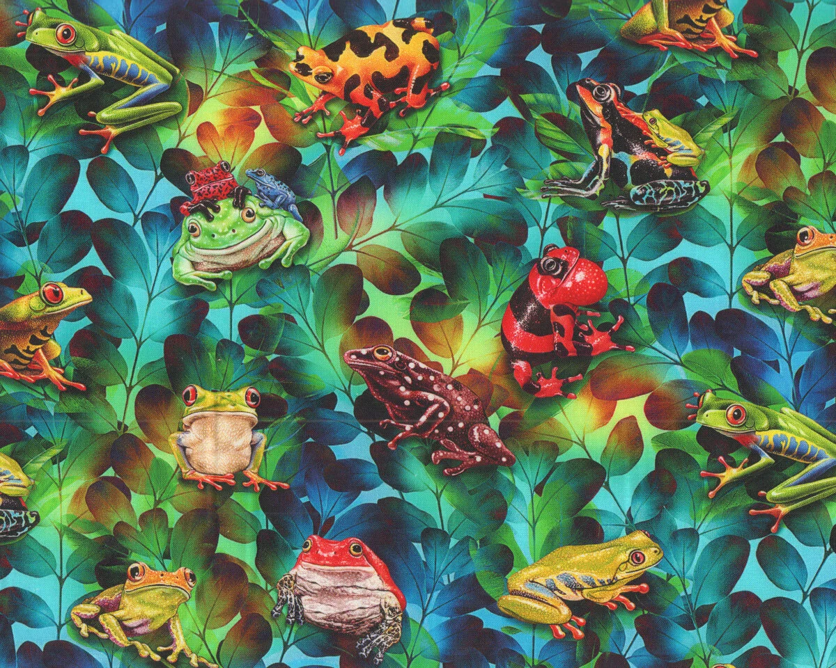 Patchworkstoff JEWELS OF THE JUNGLE, Frösche im Dschungel, petrol, Studio E