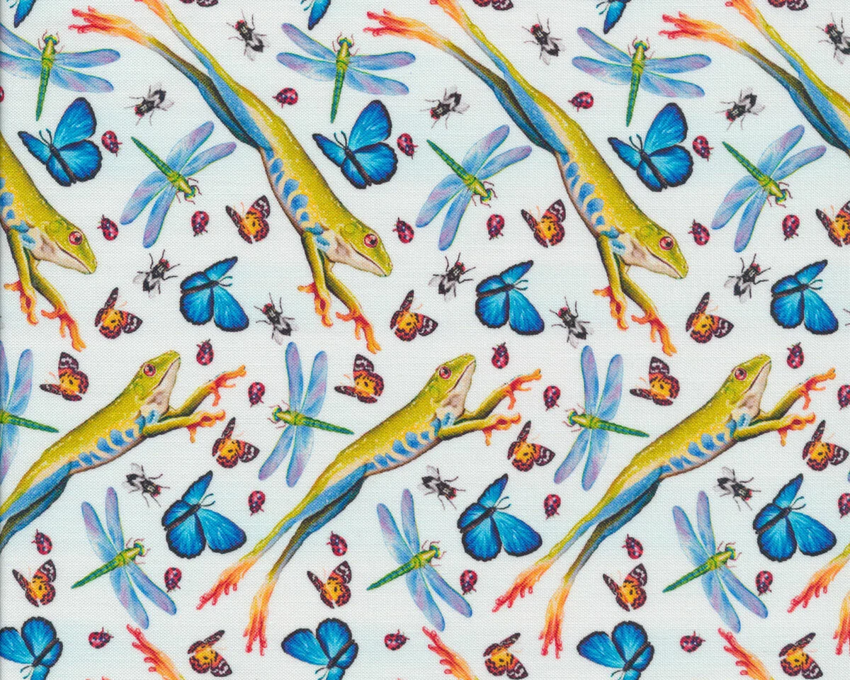 Patchworkstoff JEWELS OF THE JUNGLE, springende Frösche, weiß, Studio E