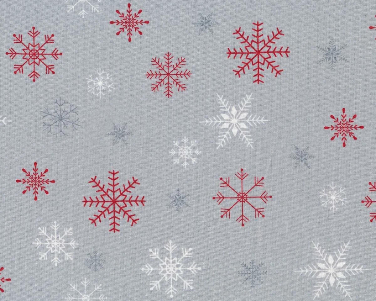 Patchworkstoff JOY, LOVE, PEACE, Schneekristalle, grau-rot