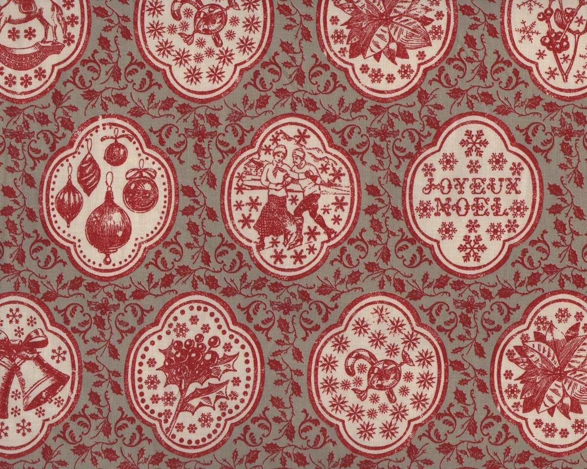 Patchworkstoff JOYEUX NOEL, Weihnachtsmedaillons, beigegrau-dunkelrot, Moda Fabrics