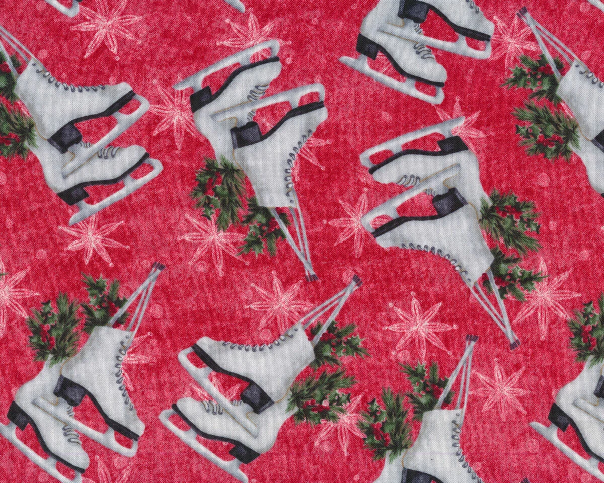 Patchworkstoff JOYFUL TIDINGS, Schlittschuhe, hellrot, Emma Leach