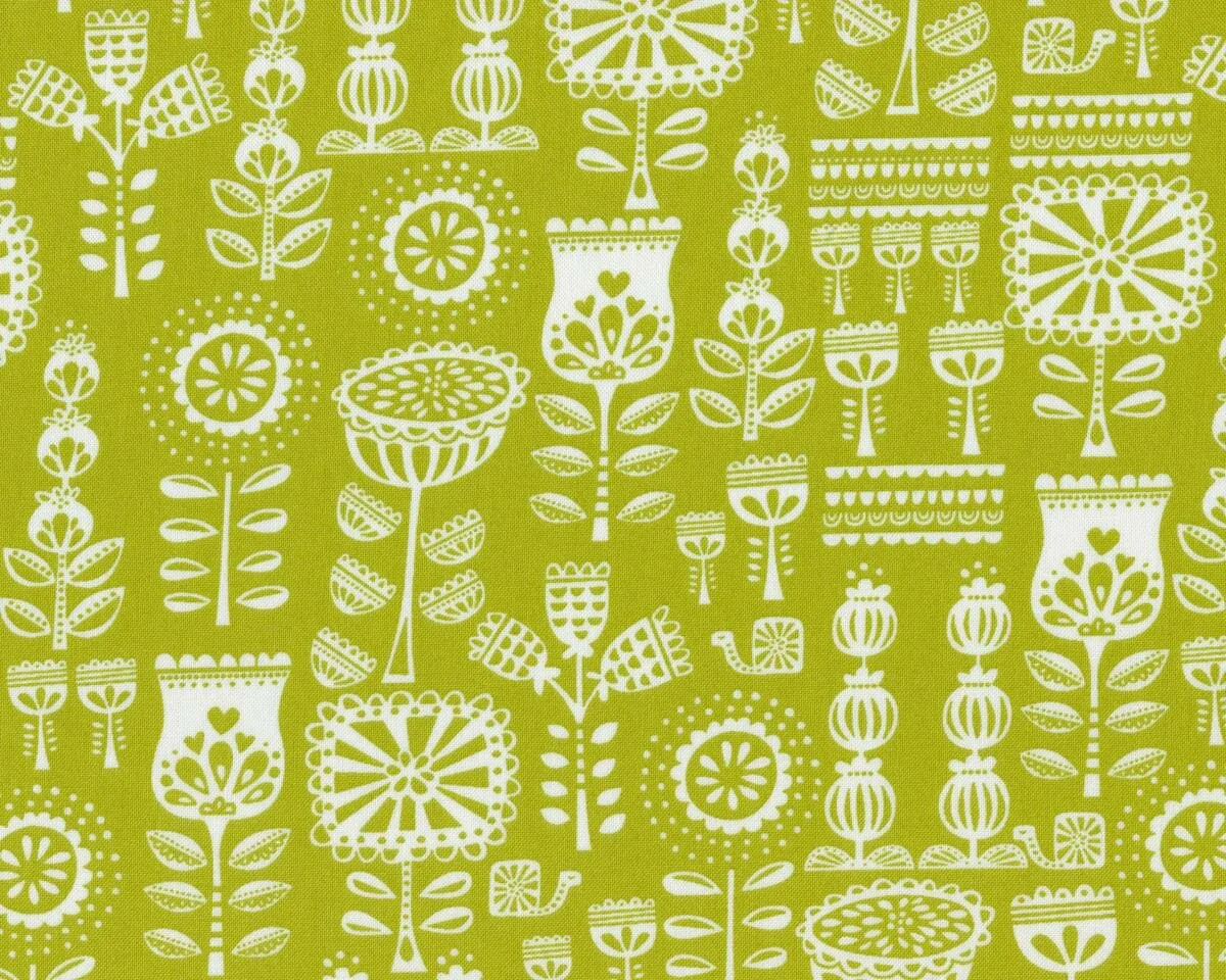 Patchworkstoff LIL' RED, folkloristische Blumen, gedecktes limette, Moda Fabrics
