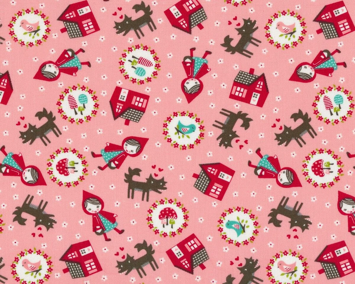 Patchworkstoff LIL' RED, Rotkäppchen und der Wolf, altrosa-dunkelrot, Moda Fabrics