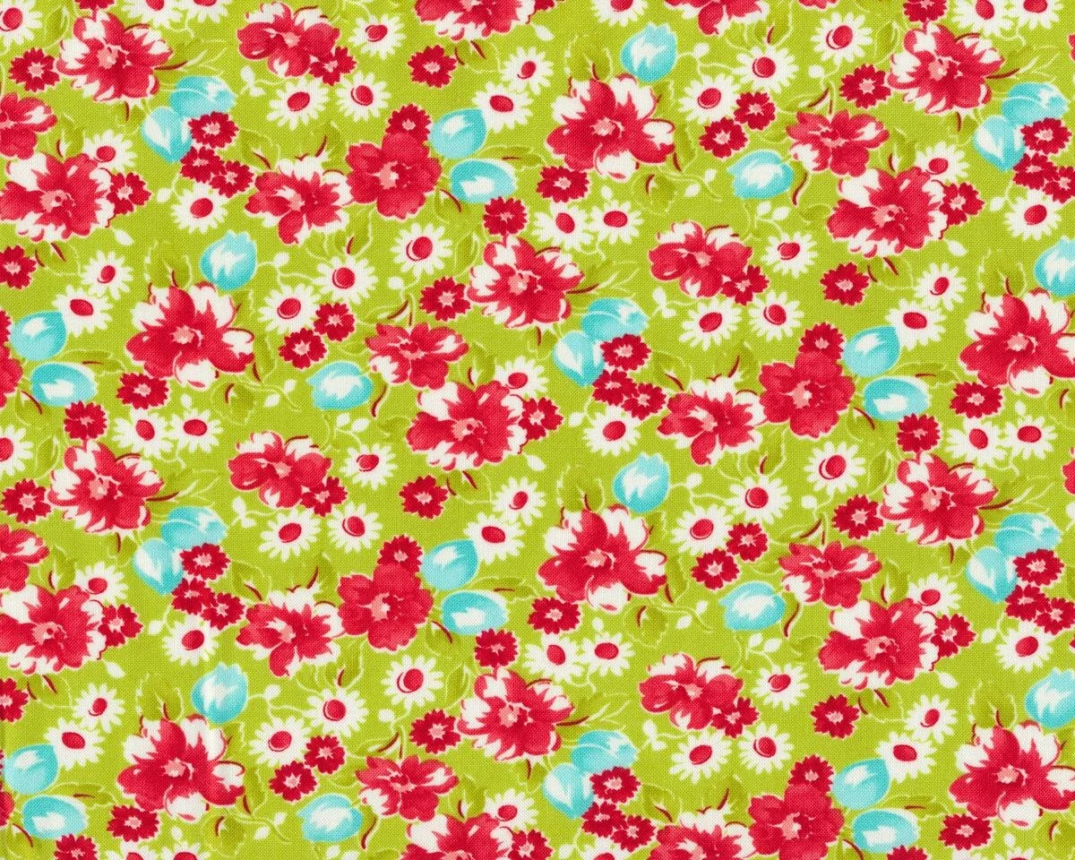 Patchworkstoff LITTLE RUBY, Blumenbouquets, limette-rot, Moda Fabrics