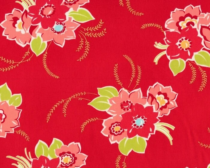 Patchworkstoff MISS KATE, Blumen-Bouquets, rot-hellgrün, Moda Fabrics