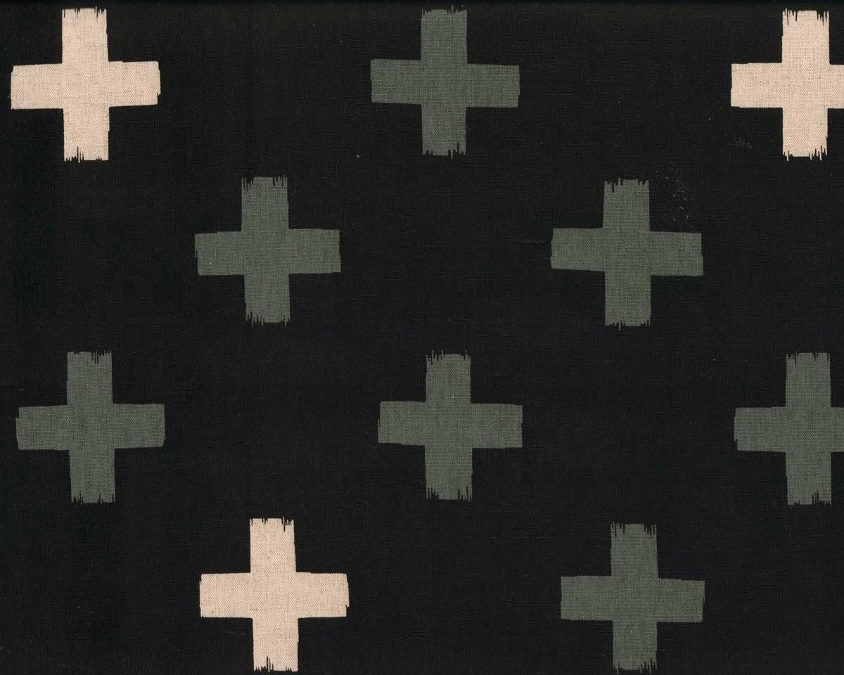 Patchworkstoff mit Leinen JUNA CROSS, große Kreuze, schwarz-steingrau
