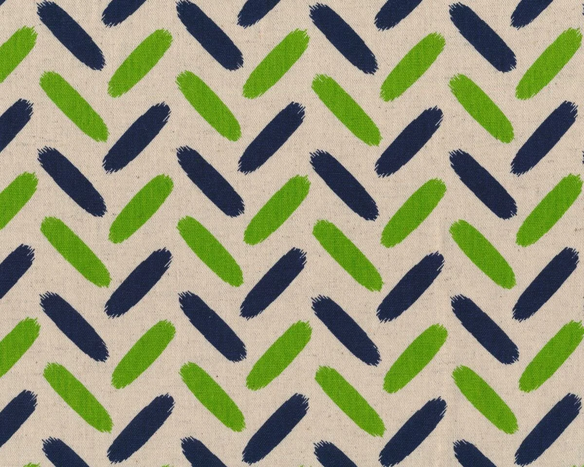 Patchworkstoff mit Leinen JUNA, Strichel-Zacken, natur-hellgrün-marineblau
