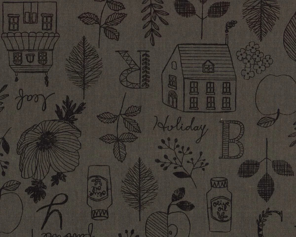 Patchworkstoff mit Leinen OLIVERA, Blätter und Häuser, steingrau-schwarz