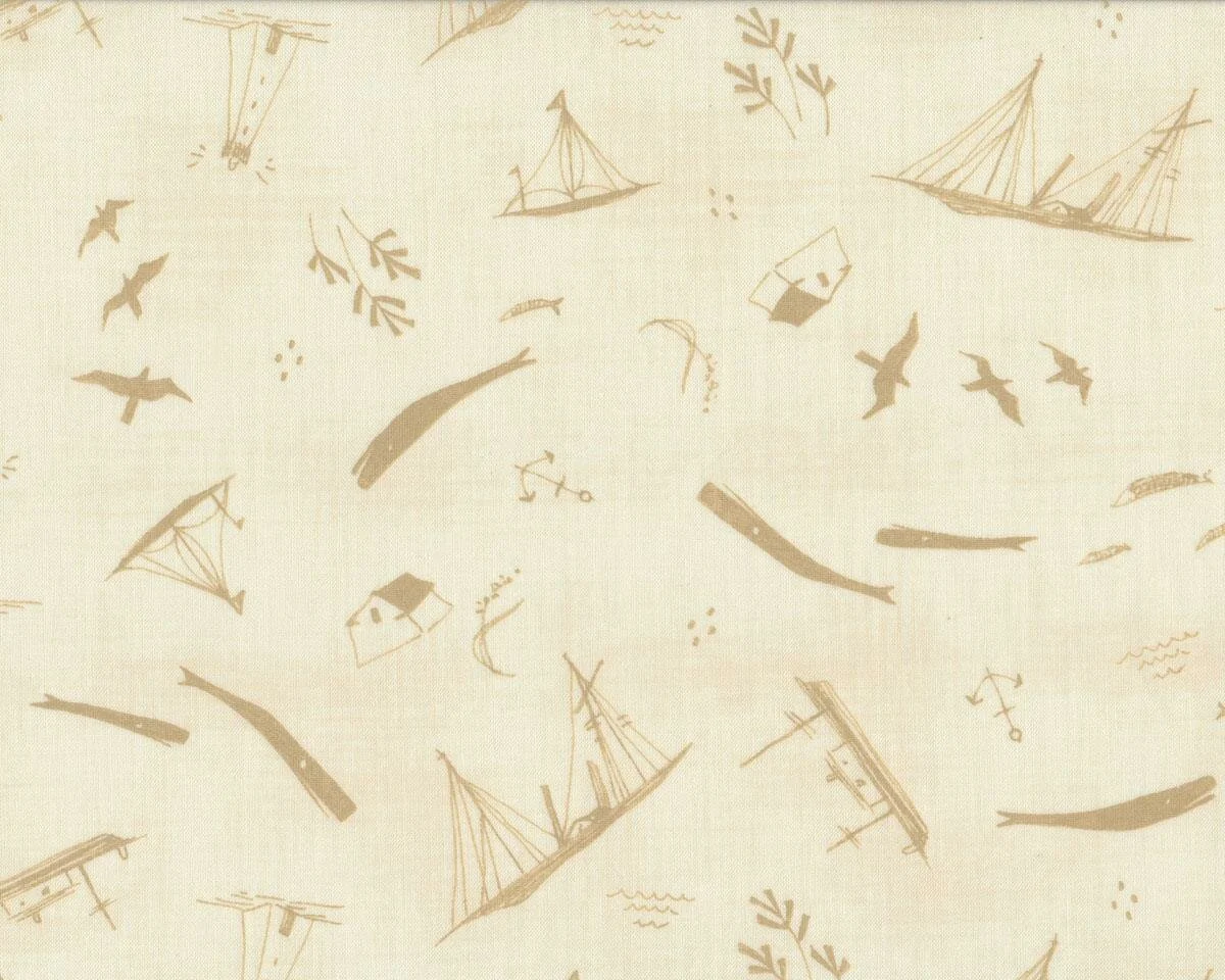 Patchworkstoff MORE HEARTY GOOD WISHES, Maritimes mit Walen, creme-beige, Moda Fabrics