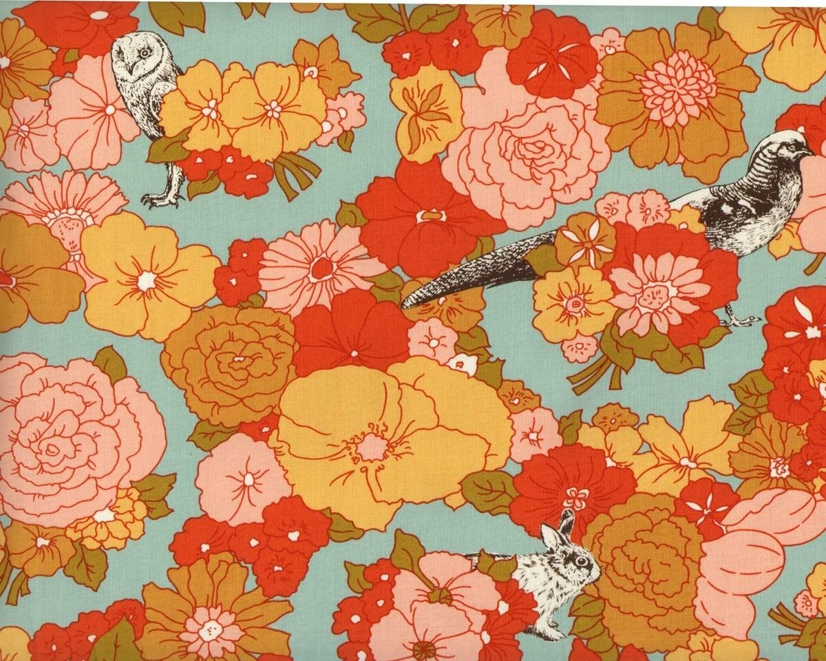 Patchworkstoff NOMAD, Waldtiere und Blumen, helles mintgrün-helles aprikot, Moda Fabrics
