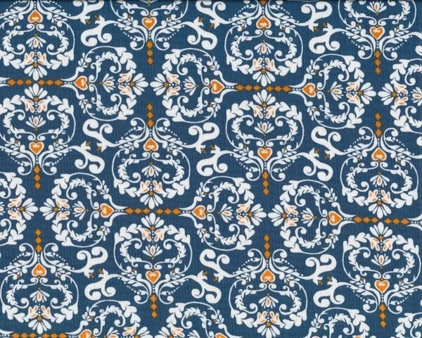 Patchworkstoff "Novella", Blattornament mit kleinen Herzen, gedecktes dunkelblau-orange