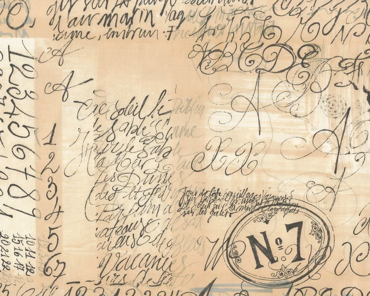 Patchworkstoff NUMBER 7, Zahlen und Schrift, hellbeige-anthrazit