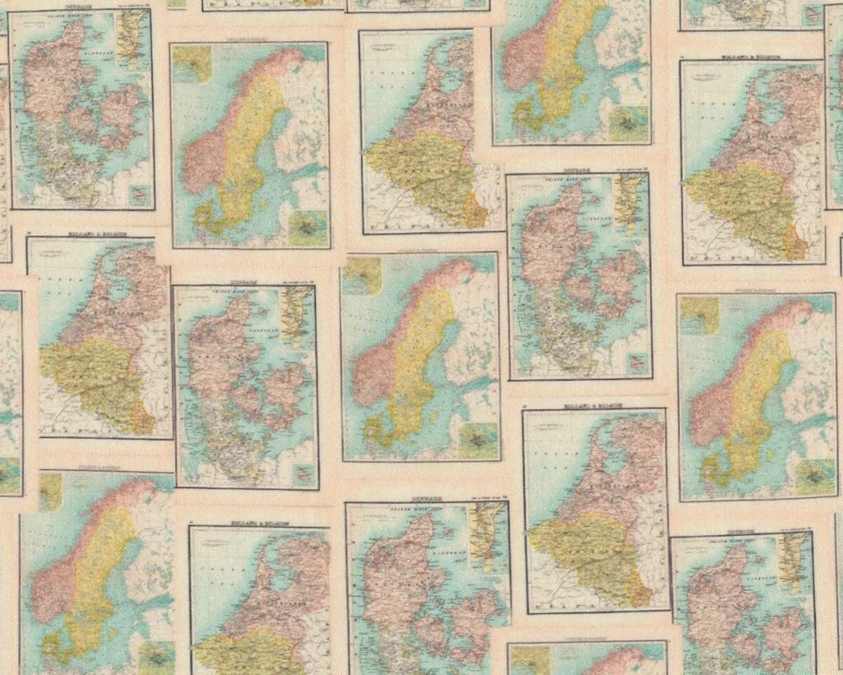 Patchworkstoff OLD SCHOOL MAP, Atlas-Karten, hellbeige