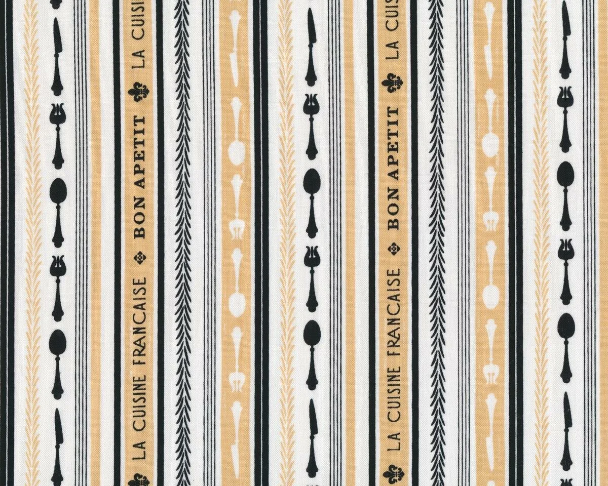 Patchworkstoff OOH LA LA FRESH AND FRENCH, Besteck und Schrift, beige-schwarz-weiß