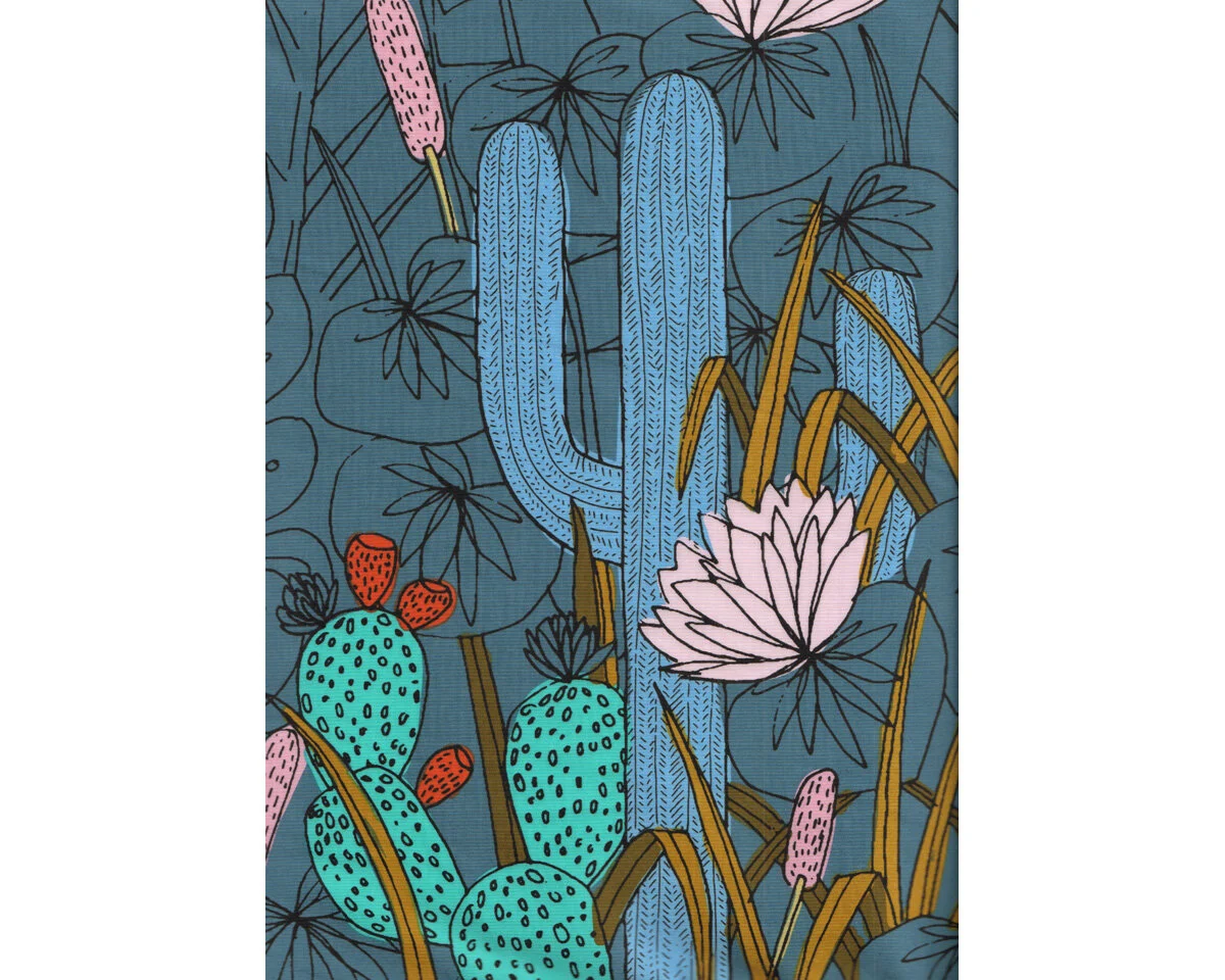 Patchworkstoff Organic Cotton BIRD'S EYE VIEW, Kakteen und Kugelblumen, graublau-mintgrün