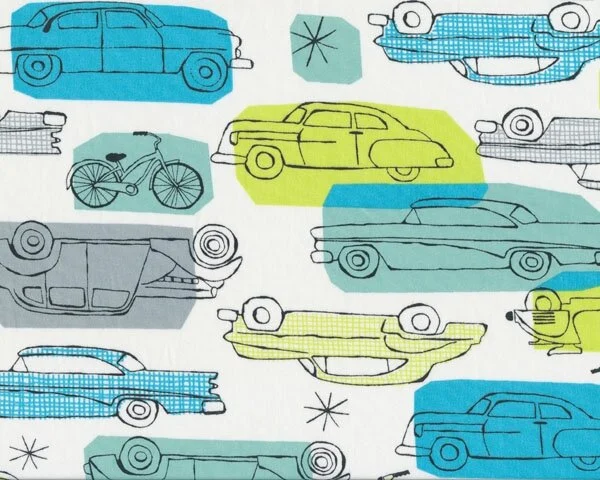 Patchworkstoff Organic Cotton GOTS, HAVANA, Retro-Autos, türkisblau-apfelgrün