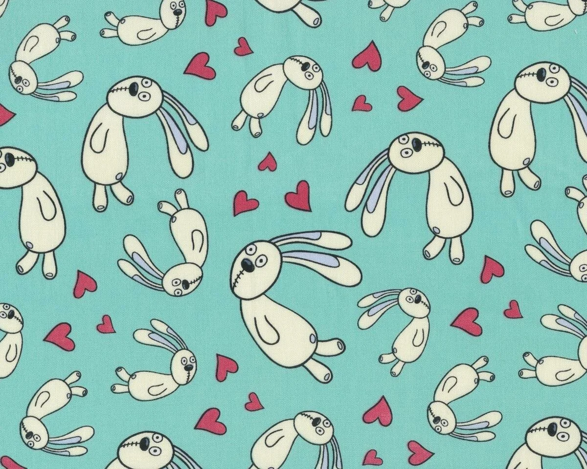 Patchworkstoff Organic Cotton KNUFFLE BUNNY, Hasen und Herzen, türkis-creme