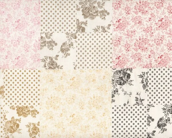Patchworkstoff "Penelope", Muster-Quadrate mit Rosen und Punkten, creme-ocker-grau
