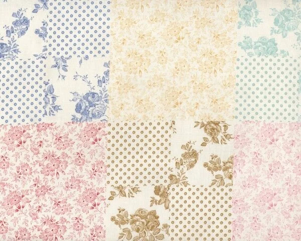 Patchworkstoff "Penelope", Muster-Quadrate mit Rosen und Punkten, creme-rosa-taubenblau
