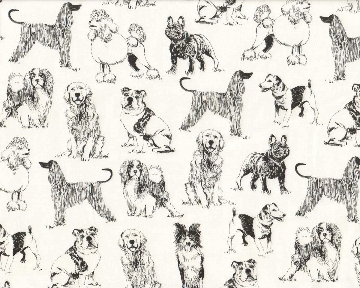 Patchworkstoff PET SKETCH, Hunde, weiß-schwarz