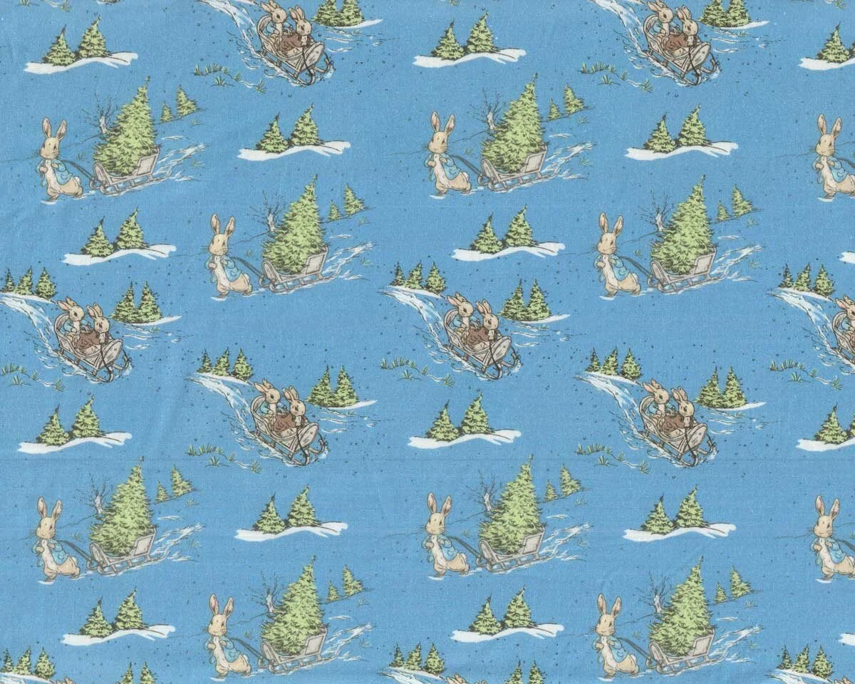 Patchworkstoff PETER RABBIT, Hasen mit Schlitten, blau, Beatrix Potter