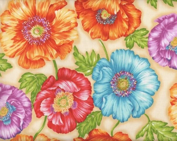 Patchworkstoff "Poppy Love", mit prächtigen Mohnblüten, orange-türkis-stumpfes rot