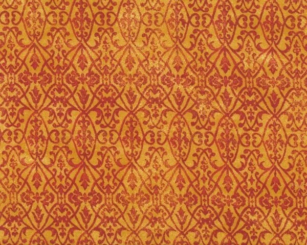 Patchworkstoff "Poppy Love" mit verwaschenem Blüten-Rauten-Gitter, rotbraun-goldbraun