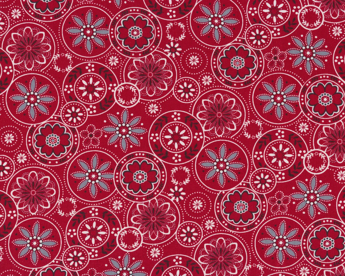Patchworkstoff SCARLET STITCHES, Blütenkreise, rot-grau, Henry Glass