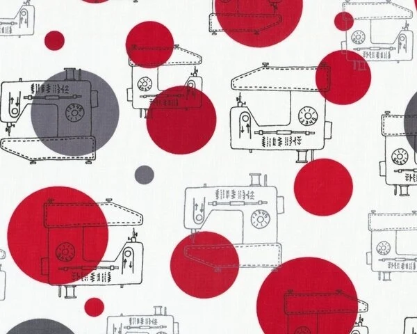 Patchworkstoff SEW HAPPY mit skizzierten Nähmaschinen, rot-grau