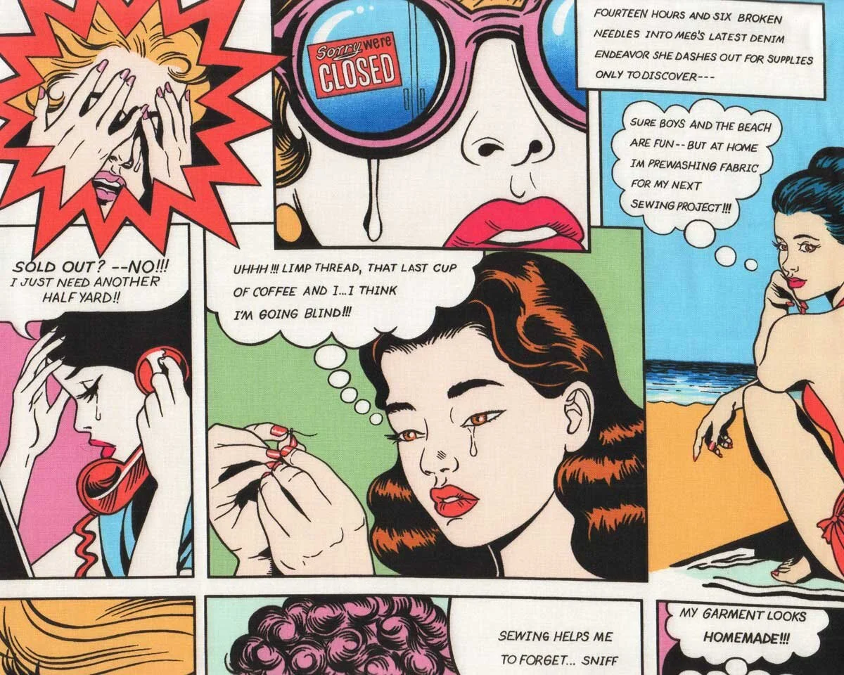 Patchworkstoff SEWING WOES, großes Näh-Comic, Alexander Henry
