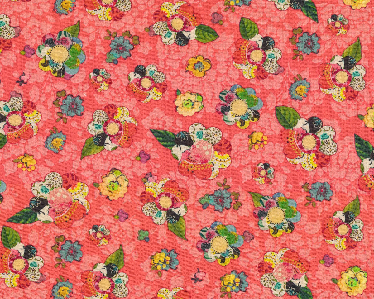 Patchworkstoff Soulshine and Daydreams, Collage-Blüten, korallrot, Kelly Rae Roberts