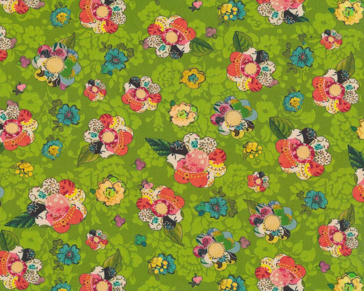 Patchworkstoff Soulshine and Daydreams, Collage-Blüten, limette, Kelly Rae Roberts