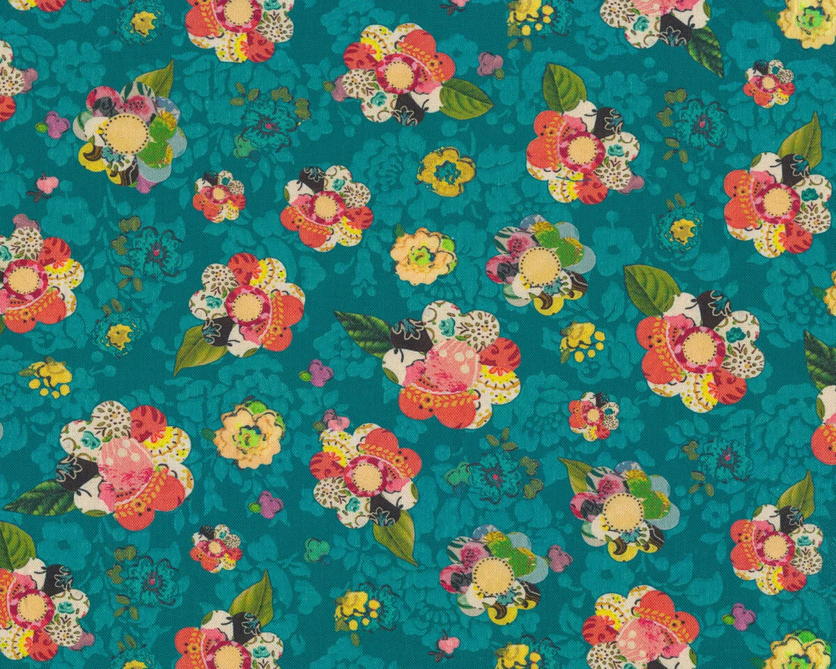 Patchworkstoff Soulshine and Daydreams, Collage-Blüten, petrol, Kelly Rae Roberts