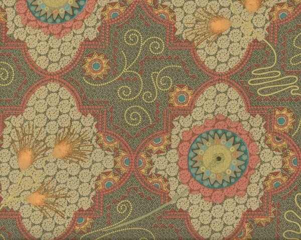 Patchworkstoff "Temple" mit Perlen-Medaillons auf Mustergrund, dunkles moosgrün-gedecktes aprikot