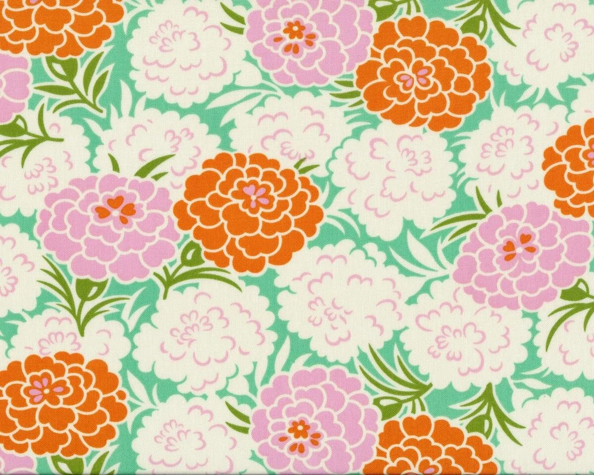 Patchworkstoff UP PARASOL, Chrysanthemen, aprikot-türkisgrün