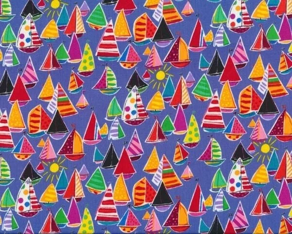 Patchworkstoff "Vacation Getaway" mit vielen kleinen Segelbooten, mittelblau-orange-rot-rosa