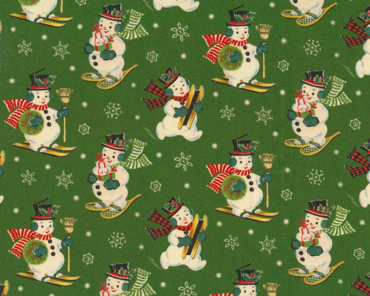 Patchworkstoff VINTAGE CHRISTMAS, Schneemänner, moosgrün, Michael Miller