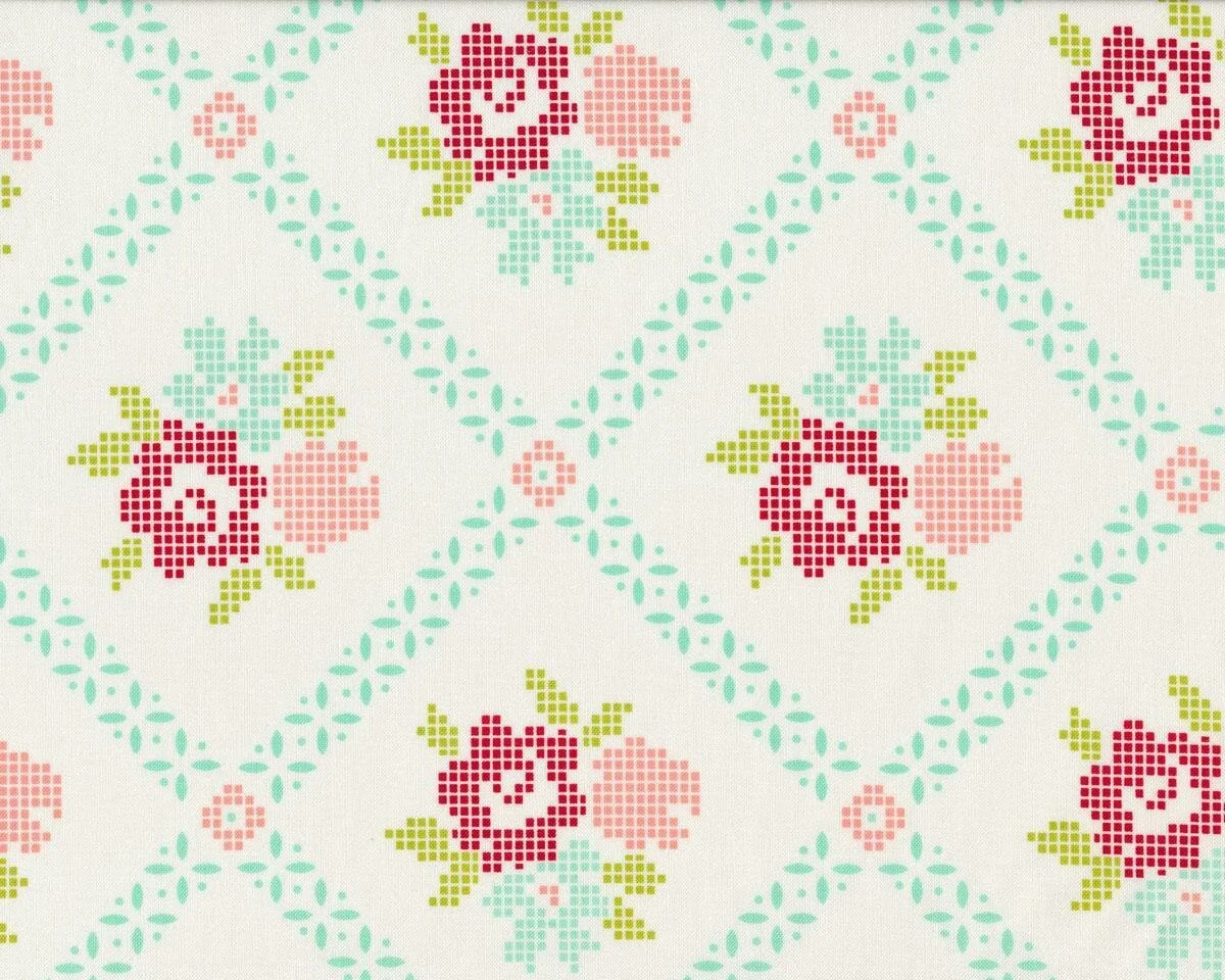 Patchworkstoff VINTAGE PICNIC, Raster-Blumen im Rautengitter, wollweiß-mintgrün, Moda Fabrics